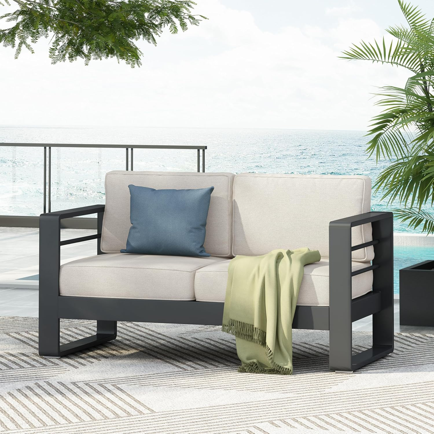 Stylish Black & Beige Outdoor Loveseat Sofa with Cushions and Aluminum Frame