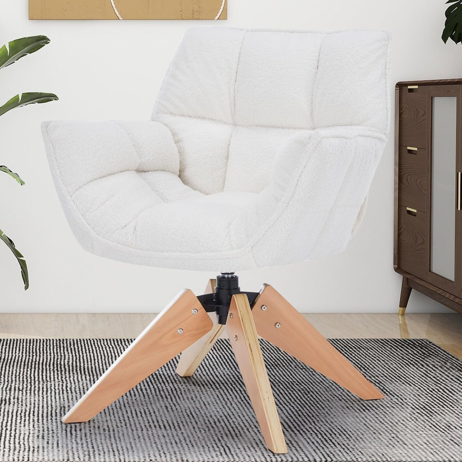 Lambs wool accent chair with wood legs, cozy design, perfect for any room – NIB