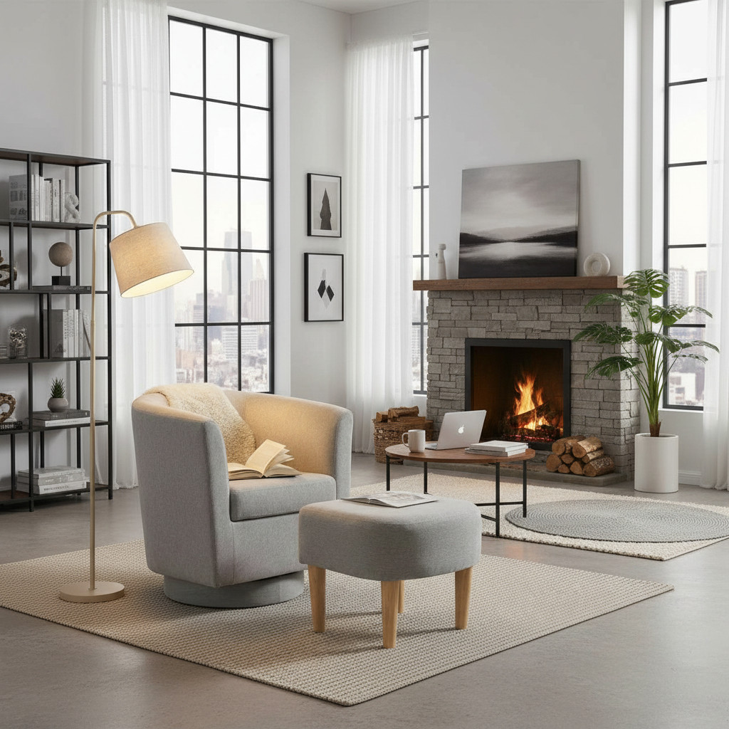 Modern Accent Swivel Armchair Fabric Single Sofa w/Ottoman Chair for Living Room
