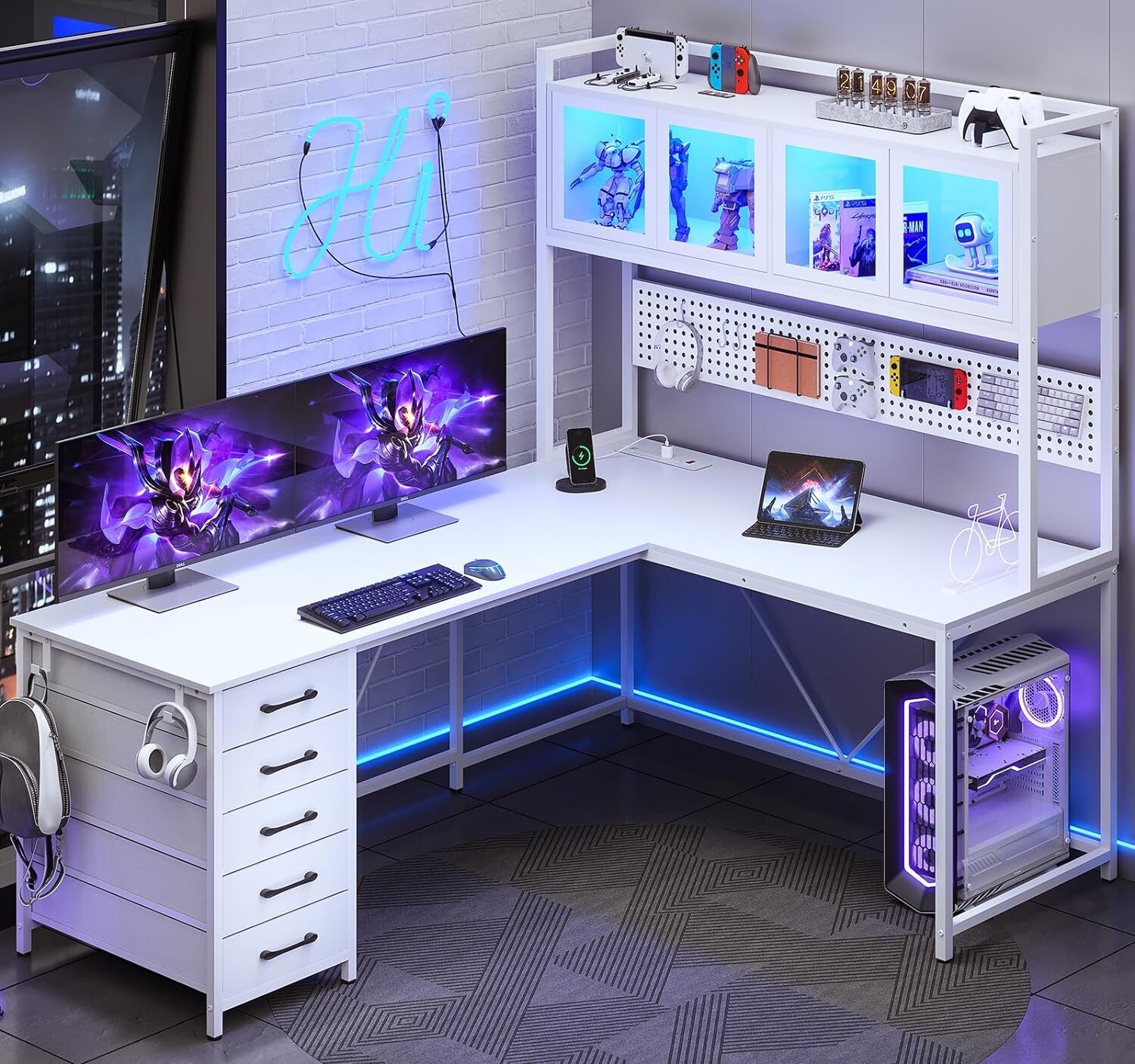L Shaped Gaming Desk with Led Lights & Power Outlet, Home Office Desk with Hutch