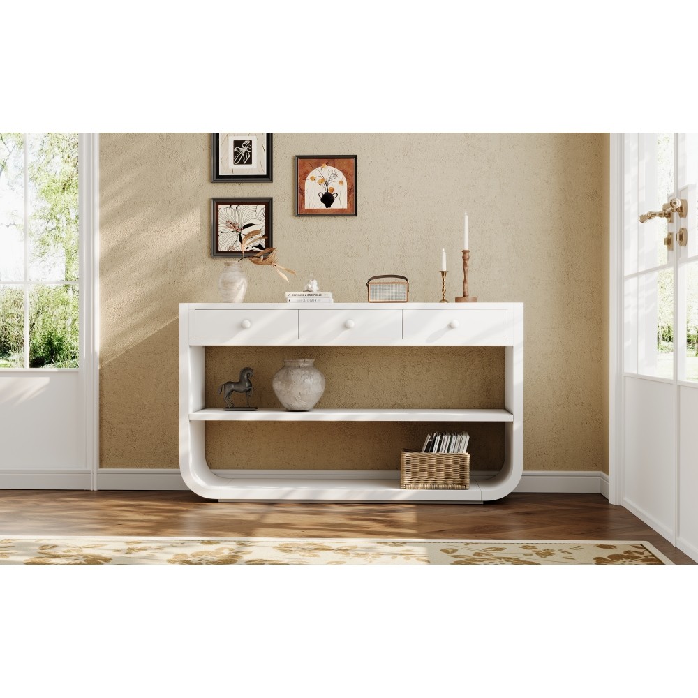 Modern Curved Console Table with 3 Soft-Close Drawers & 2 Open Shelves
