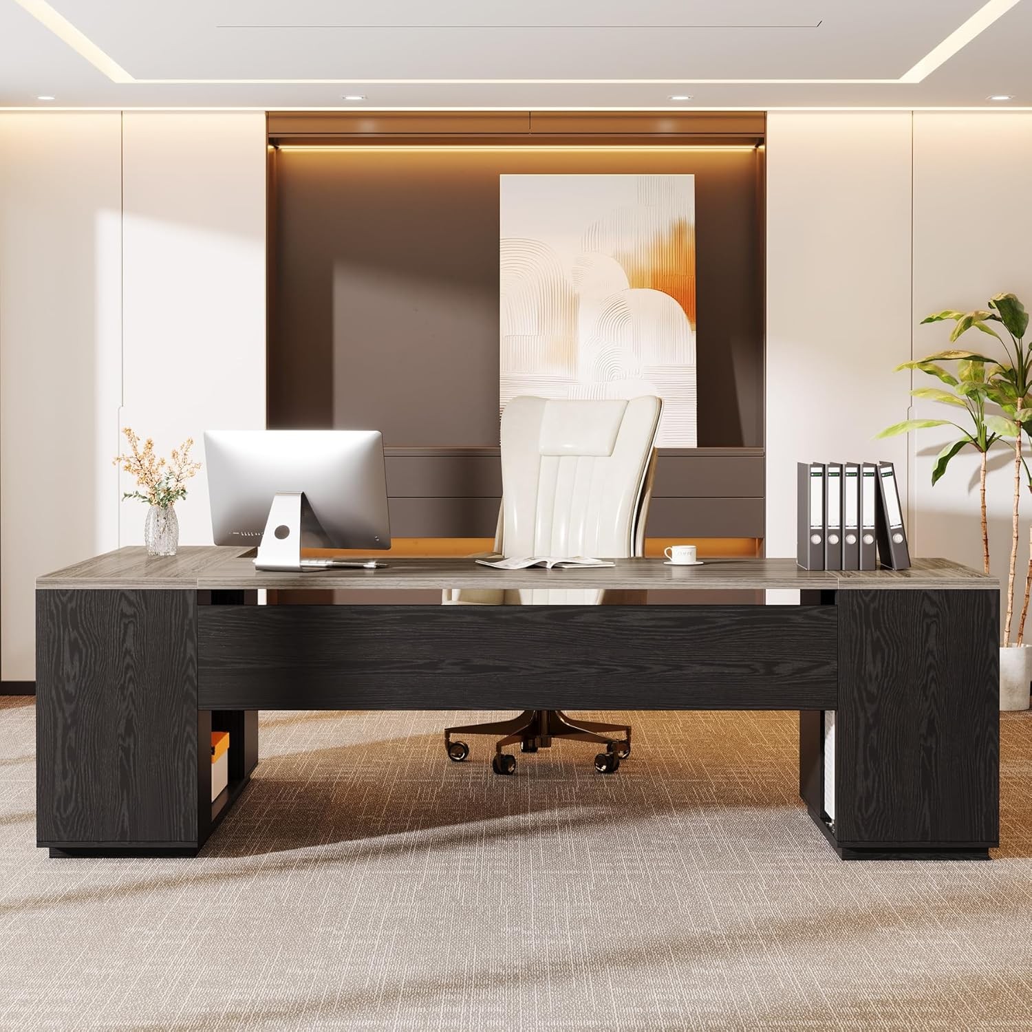 85.8-Inch L-Shaped Executive Desk, Large Modern Office Desk with File Drawers
