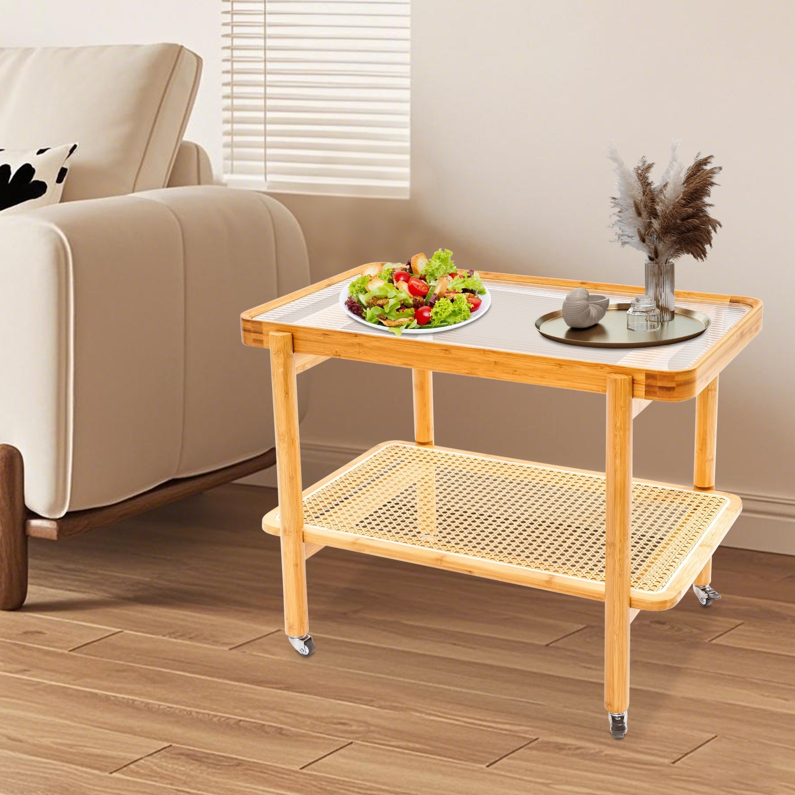 Tempered Glass, Resin, Bamboo Coffee Table with Wheels, 2 Shelves Sofa Table