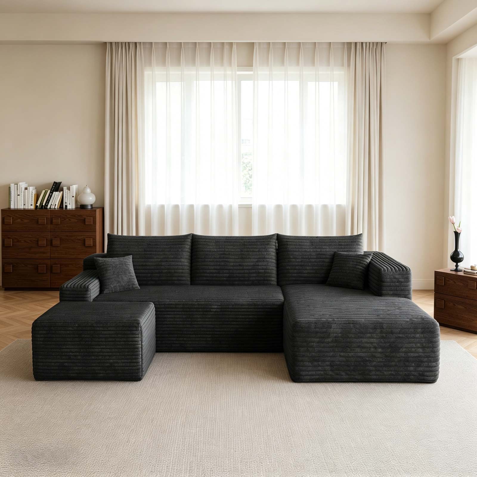 95″ U Shaped Boneless Sectional Couch Memory Foam Sofa Right Chaise with Ottoman