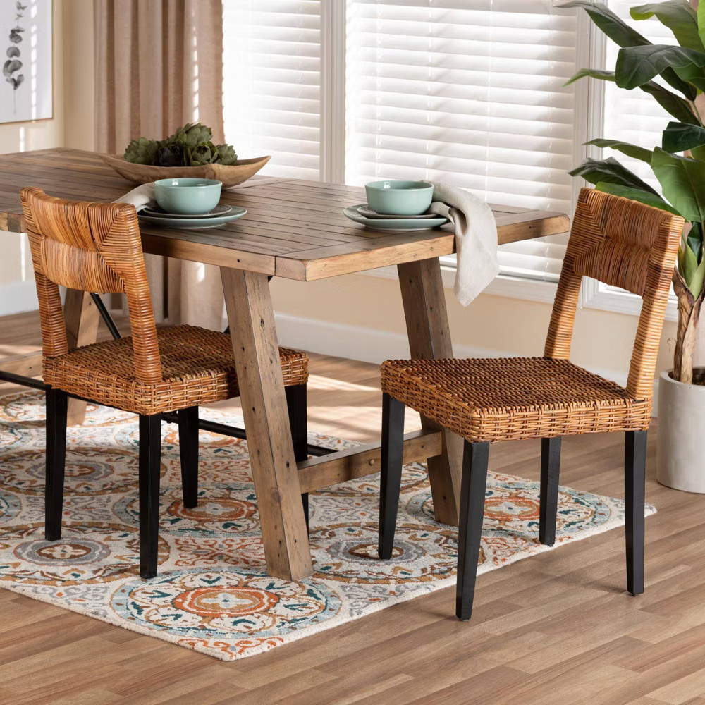bali & pari Manrico Wood and Natural Rattan Dining Chair Dark Brown/Natural
