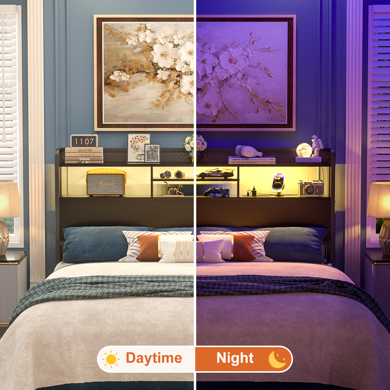 Headboard for King/Queen/Full Size Bed with Storage Shelf & Outlets & RGB Light