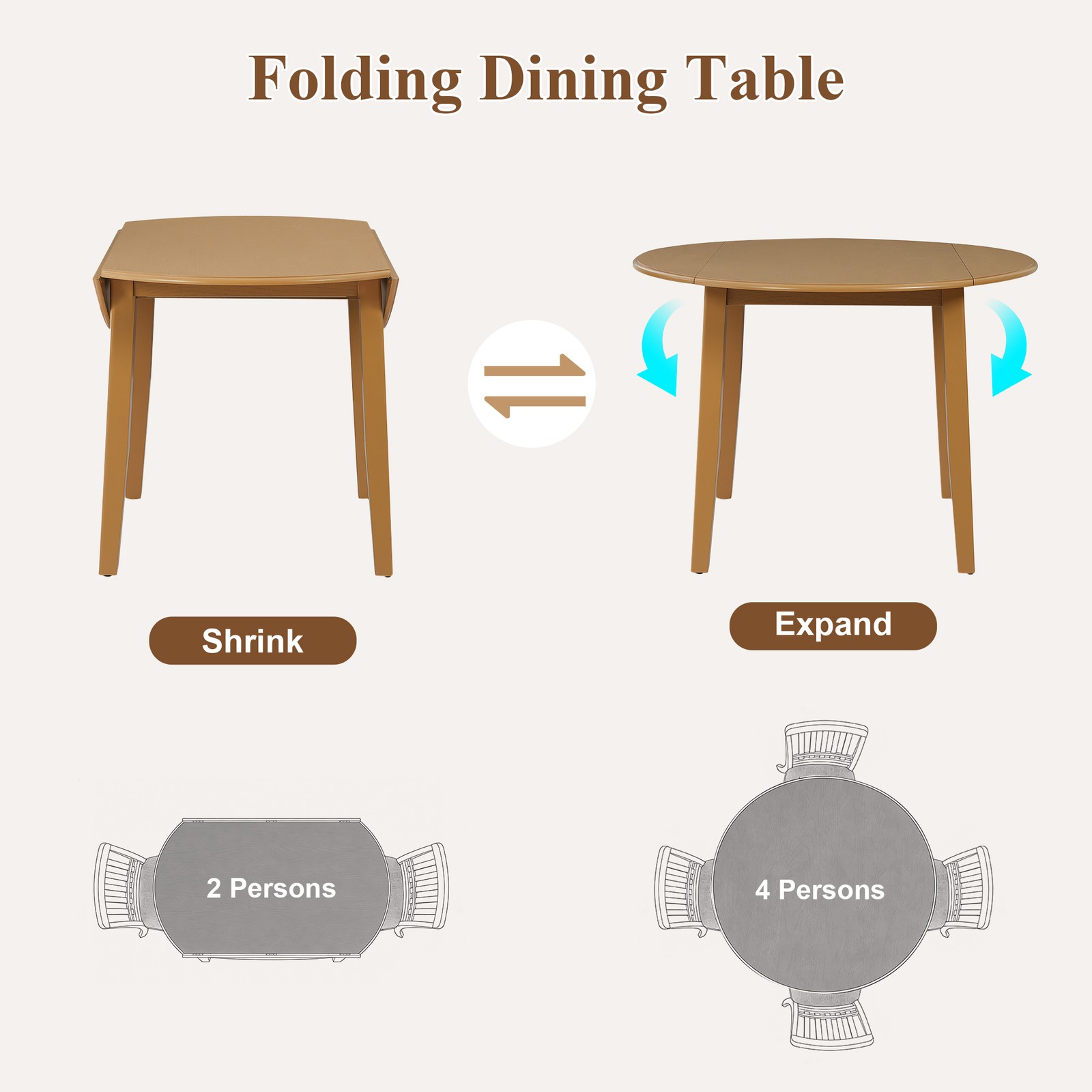 Extendable Round Folding Dining Table for 2-4 People Light Brown