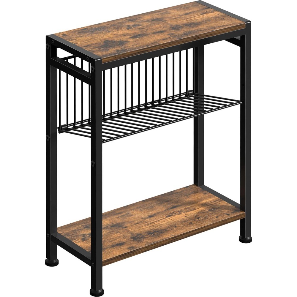 3-Tier Narrow End Table Slim Nightstand Small Side Table Rustic Brown & Black