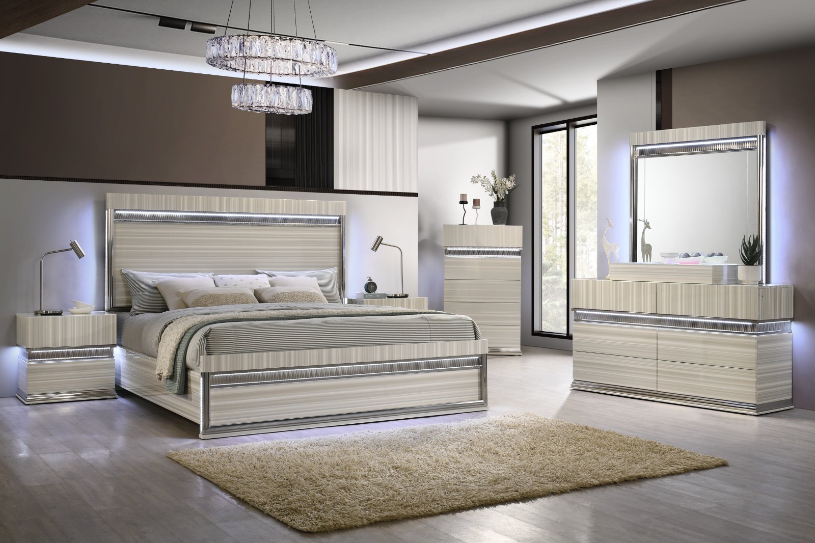 NEW Modern 5PC LED Gloss Light Gray Queen King Contemporary Bed Set B/D/M/N/C