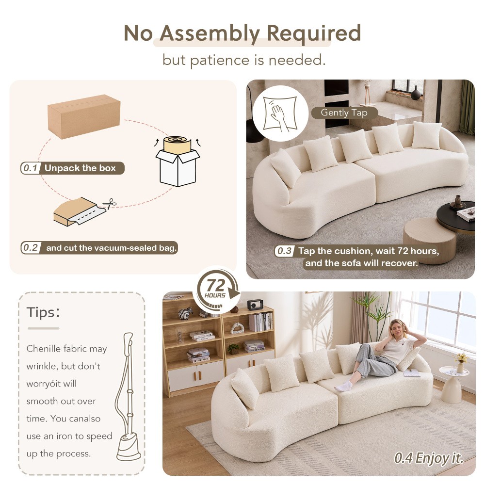110″ Curved Sofa Sleeper Sectional, Chenille Pillow Back, No Assembly Req