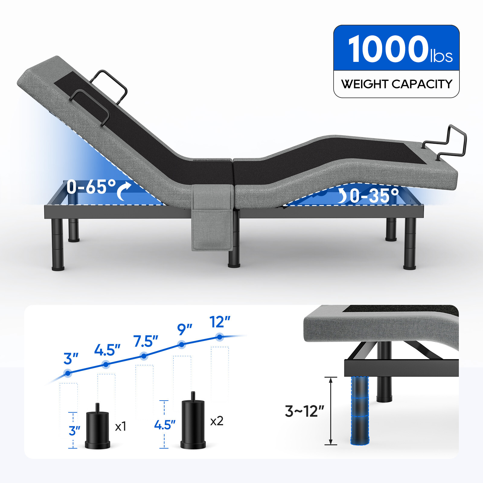 Advanced Power Base Adjustable Bed Frame With Massage Backlit Remote USB Ports