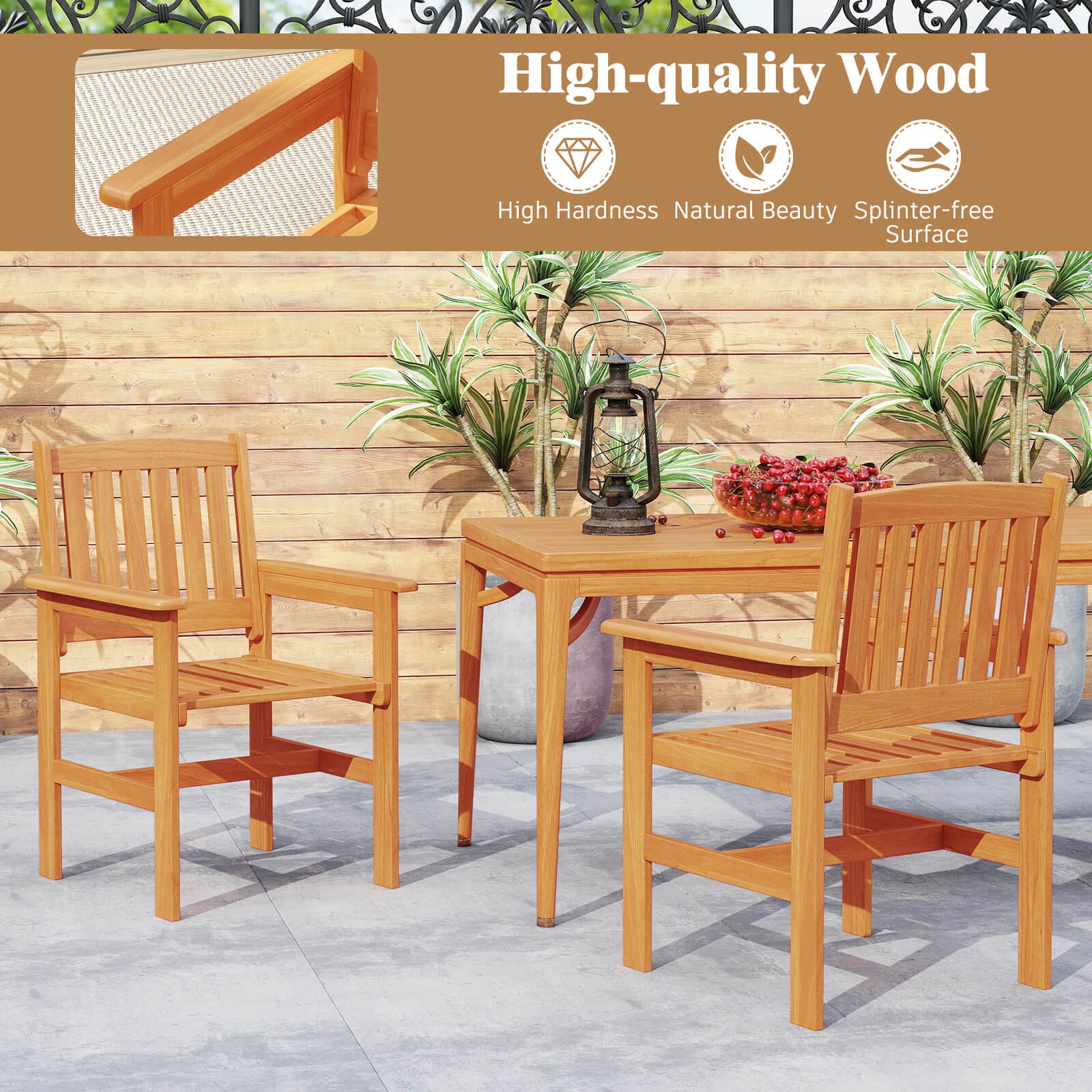 Patio Chairs Set of 2 Outdoor Wooden Dining Chairs with Inclined Backrests