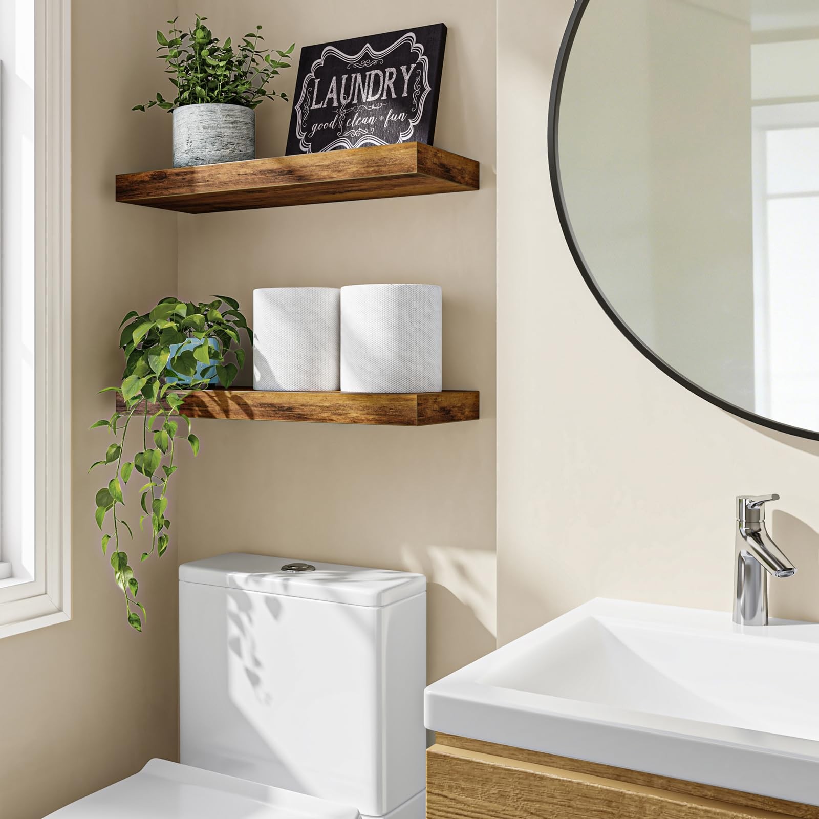 Floating Shelves Wood Wall Mounted 20lb Capacity 15.7 Inch Rustic Brown Set 2