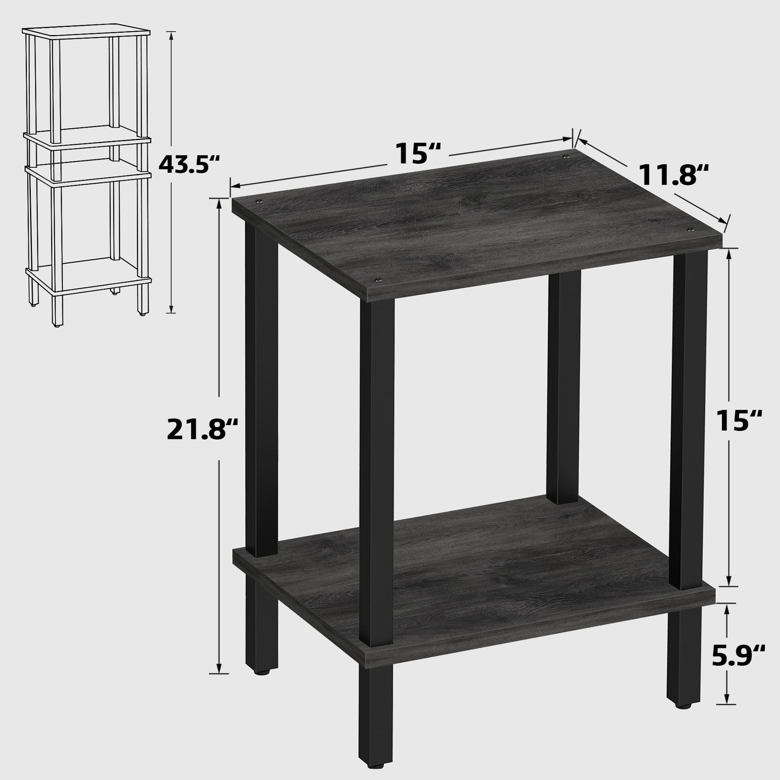 Charcoal Grey 2Tier End Table Side Table Nightstand Small Space Sofa Unit