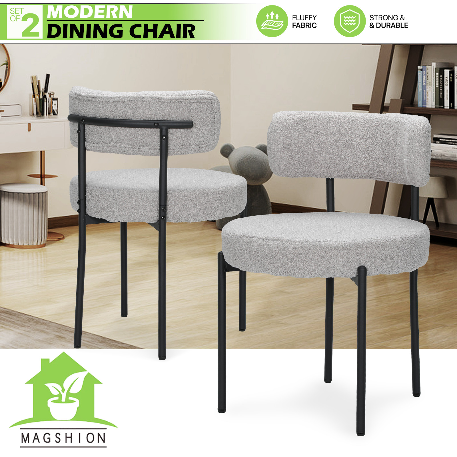 Gray Boucle Fabric Dining Chair Kitchen Dining Room Accent Padded Chair，Set of 2
