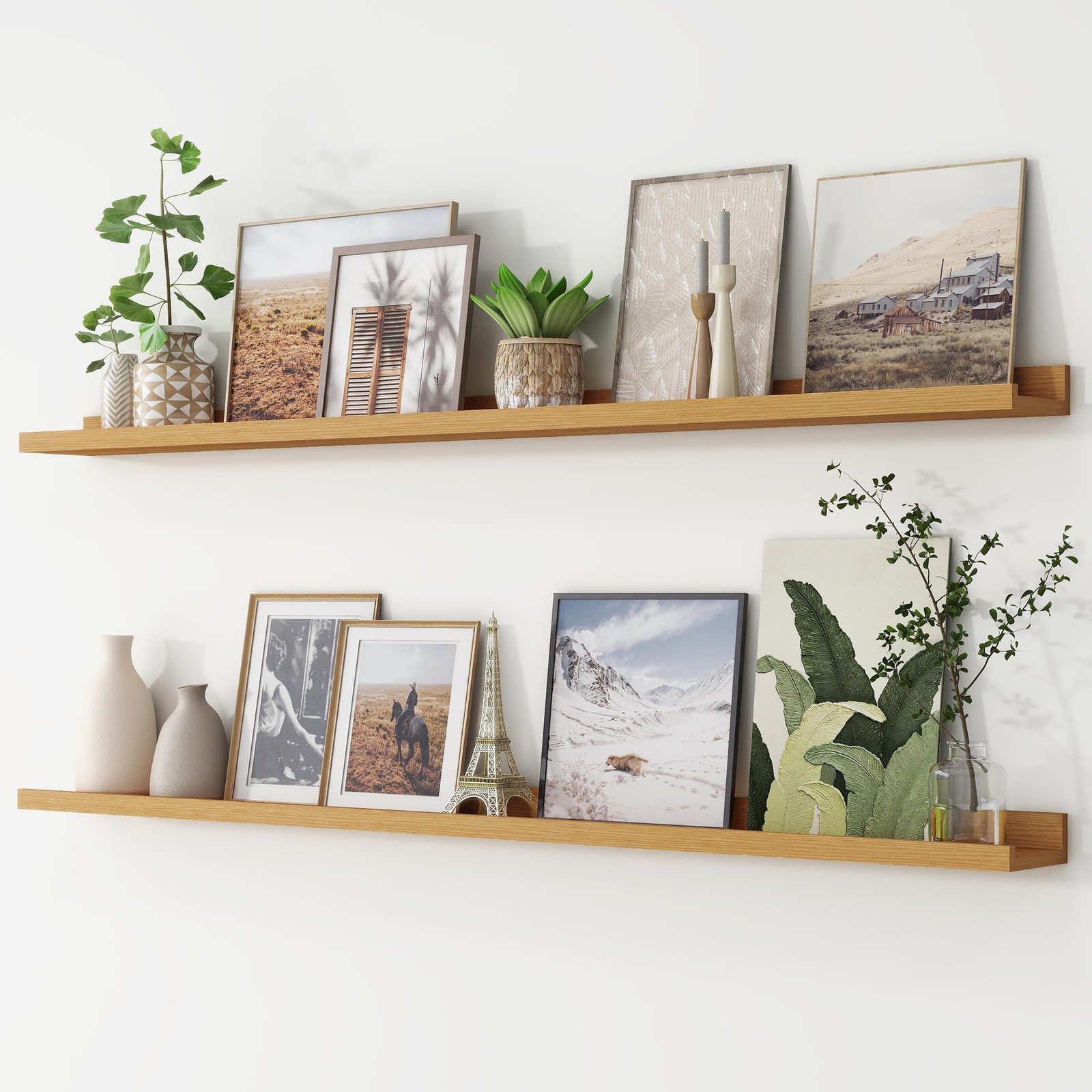 56in Picture Ledge Shelf Set of 2 – Floating Wall Kids Bookshelves, Natural Oak