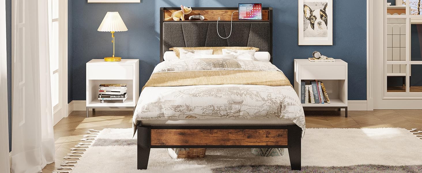 Twin XL Bed Frames, Storage Headboard with Charging Station, Solid and Stable,