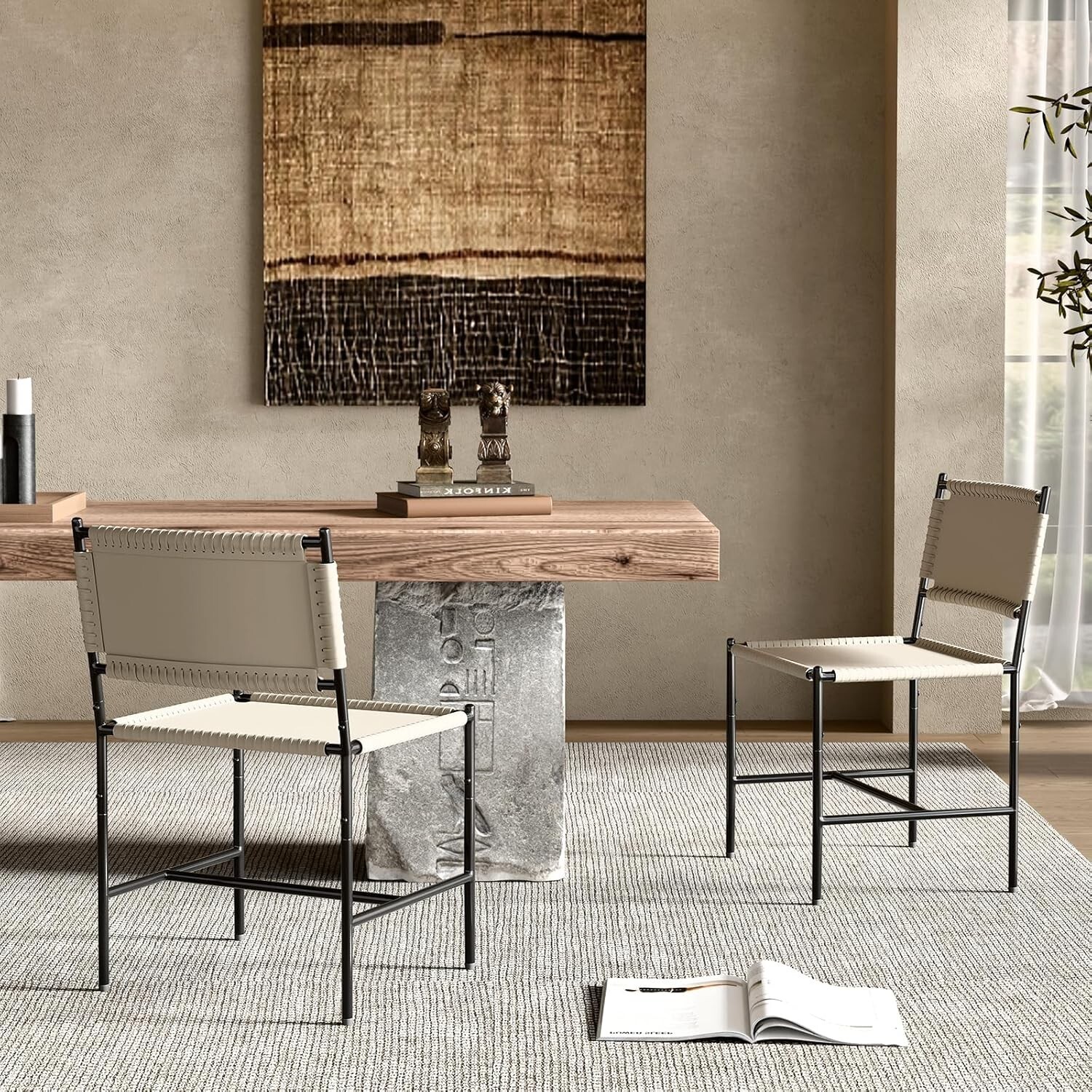 Leather Dining Chair Set of 2, Modern Mid-Century Dining Chairs with Black Metal