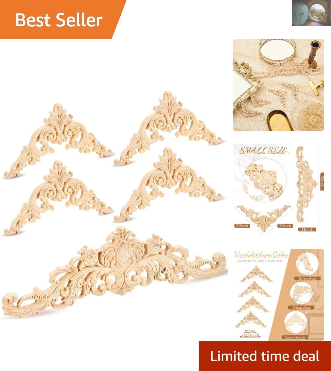 Richly Detailed Carved Wood Appliques: 5-Piece Set for Elegant DIY Projects