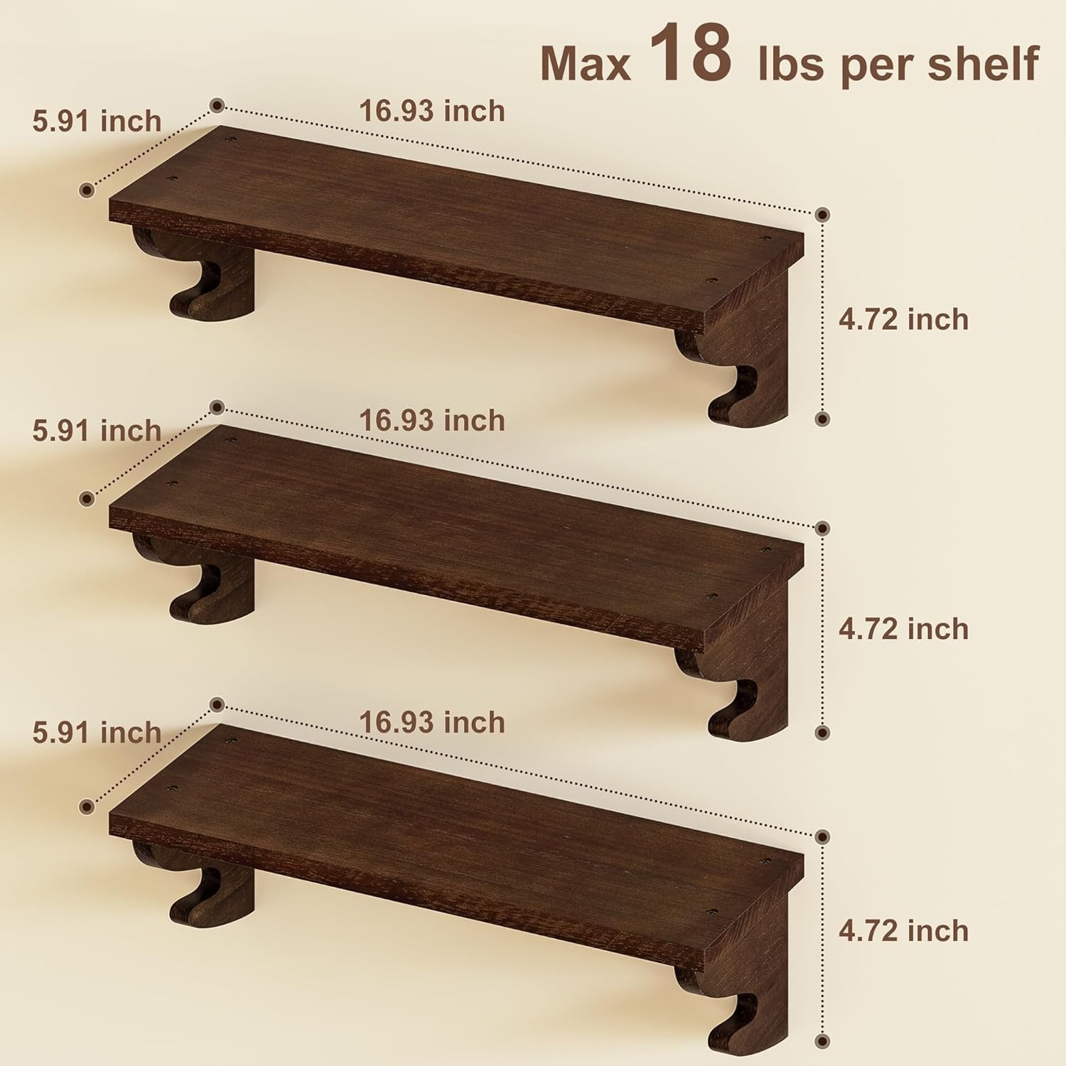 Rustic Light Walnut Floating Shelves – 3 Pack with Hooks for Stylish Storage