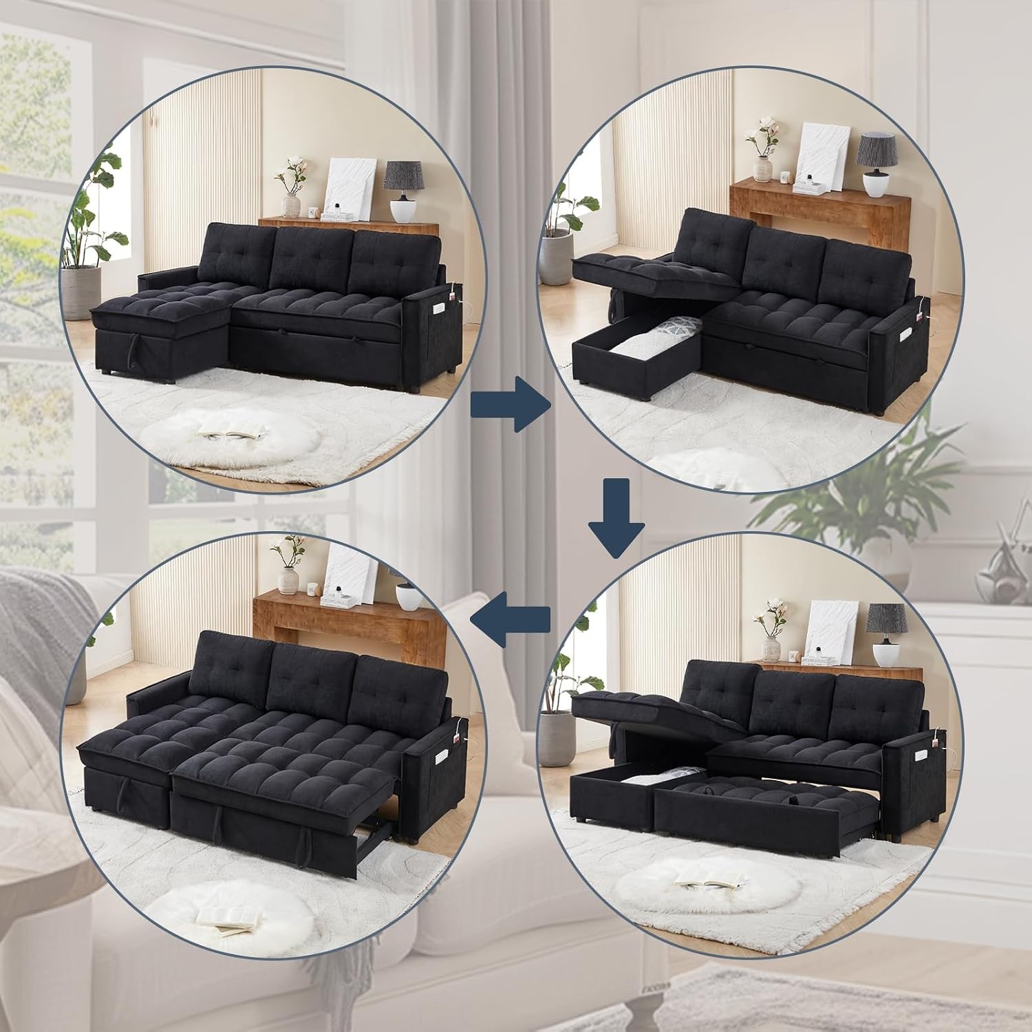 79″ L-Shaped Convertible Sectional Sofa Bed with Storage Chaise & Pull Out