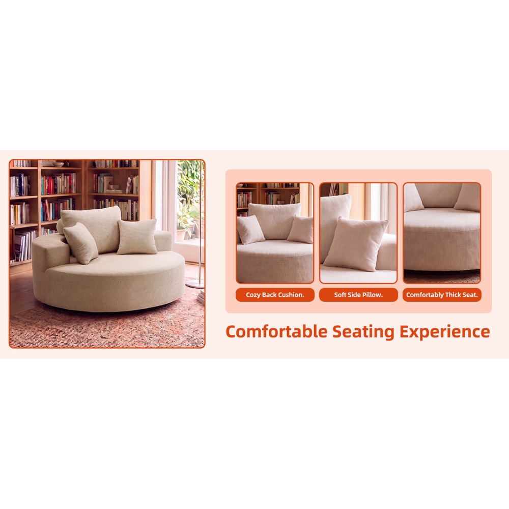 55″ Oversized Round Swivel Chair, 360° Rotating Chenille Cotton Blend Chair