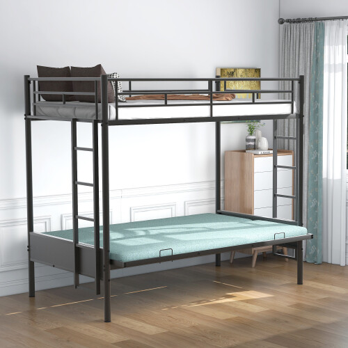Convertible Bed Twin over Full Metal Bunk Bed Multi-Function Black Bed Frame