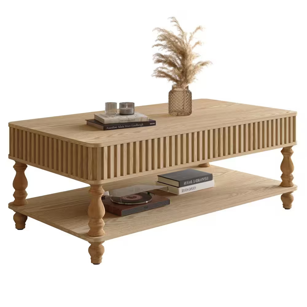 Babbitt 47.24 In. Natural Rectangle MDF and Solid Wood Coffee Table with Adjusta