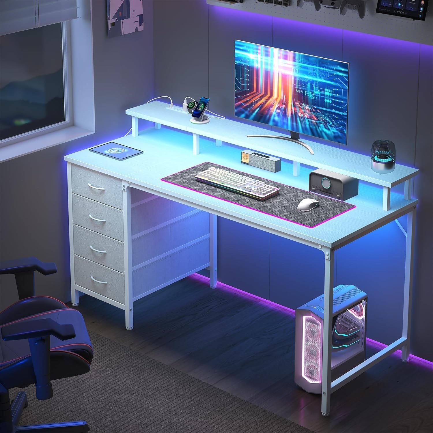 40-Inch Gaming Desk with Power Outlets and LED Lights, White | Computer Desk wit