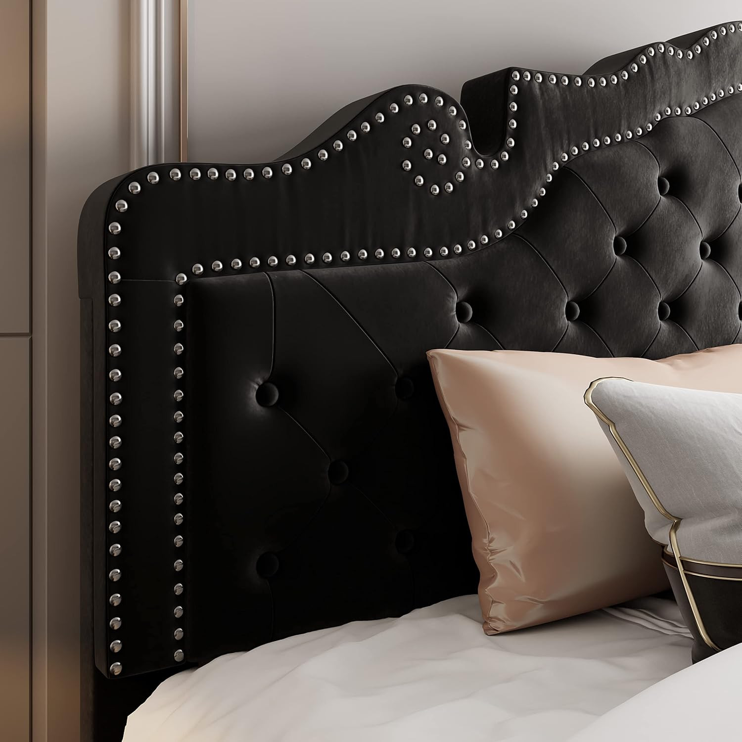 King Size Platform Bed Frame with Adjustable Velvet Tiara Headboard, Upholstered