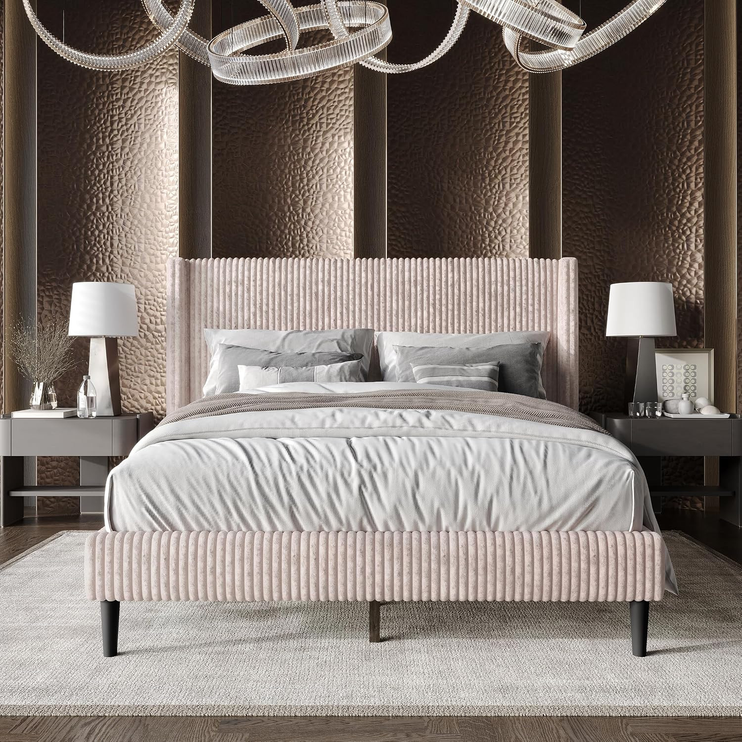Twin Platform Bed Frame with Channel Tufted Wingback Headboard, Corduroy Velvet