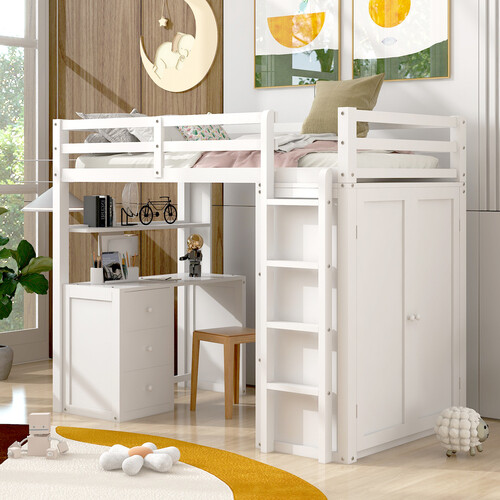 Solid Wood Loft Bed with Desk and Wardrobe Storage Cabinet Twin Size Bed Frames