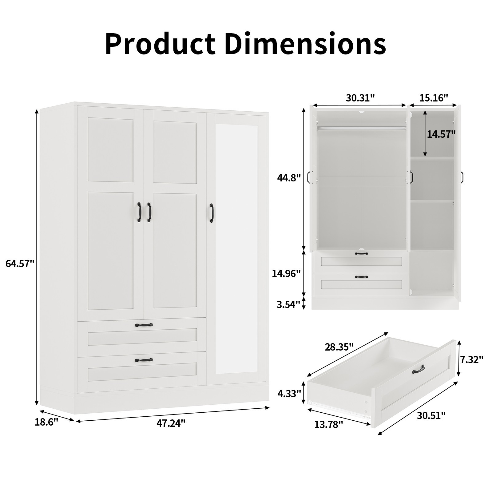 Narrow Armoire Wardrobe Closet with Mirror Hanging Rod 2 Drawers Storage