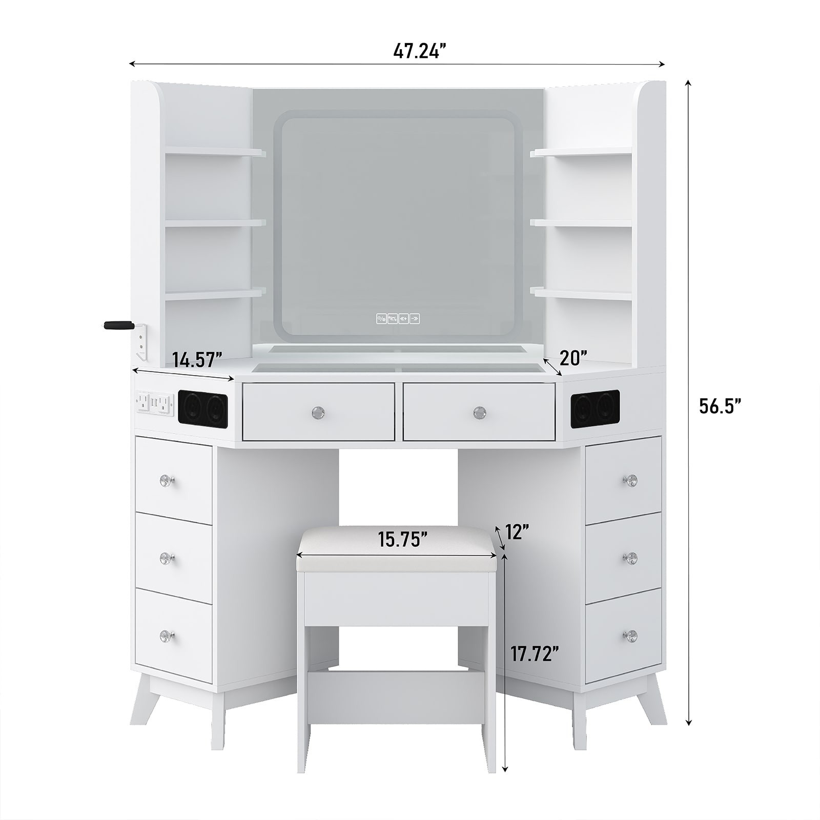 Corner Vanity Desk with Bluetooth Speaker, Makeup Vanity Mirror, Dressing Table