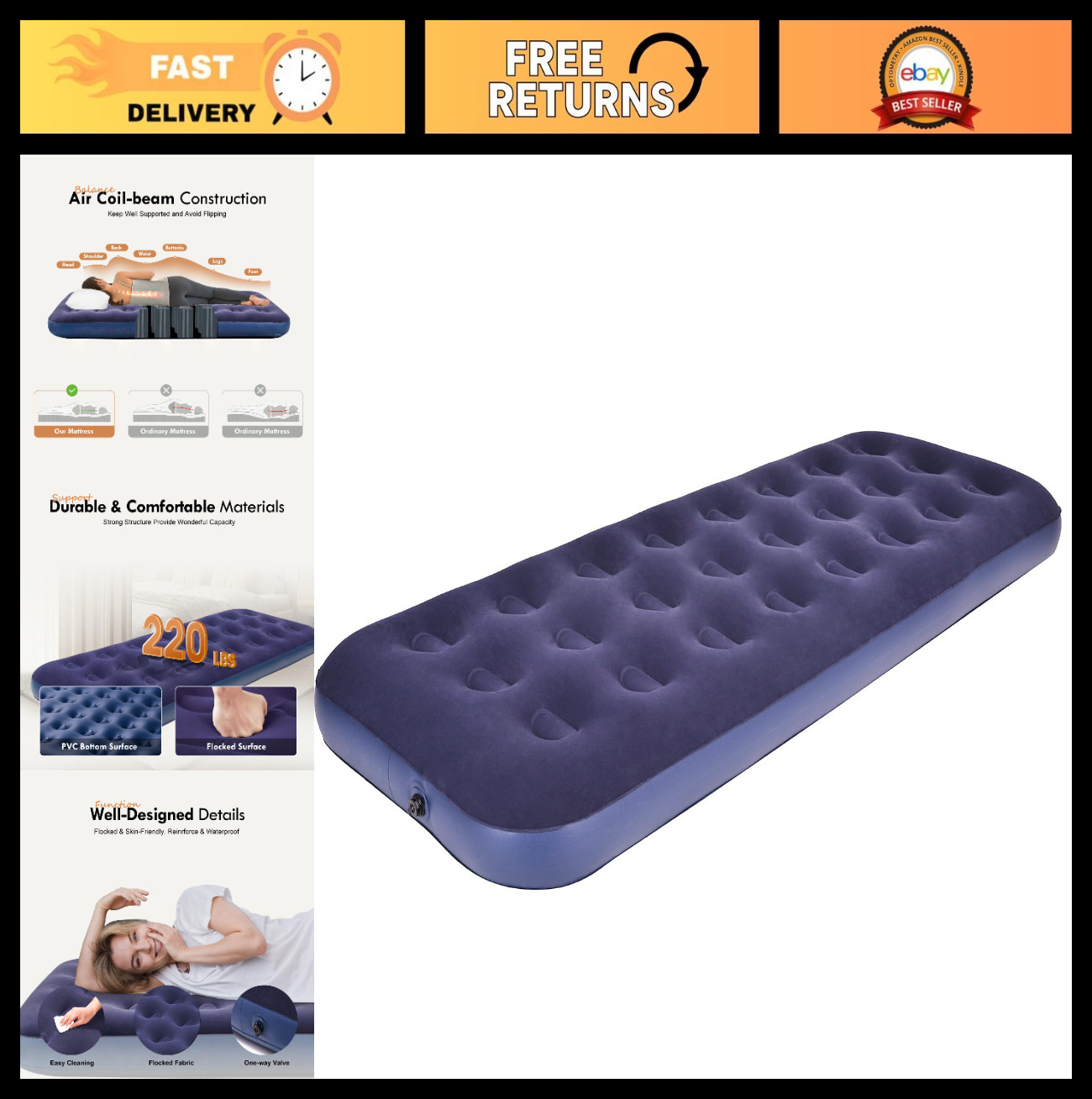 Single Size Inflatable Air Mattress, Blow Up Camping Bed, Portable Sleeping Pad