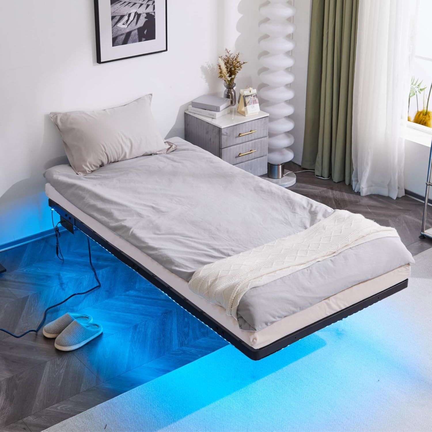 Twin Size Heavy Duty Metal Bed with USB Charging Station/LED Lights Floating