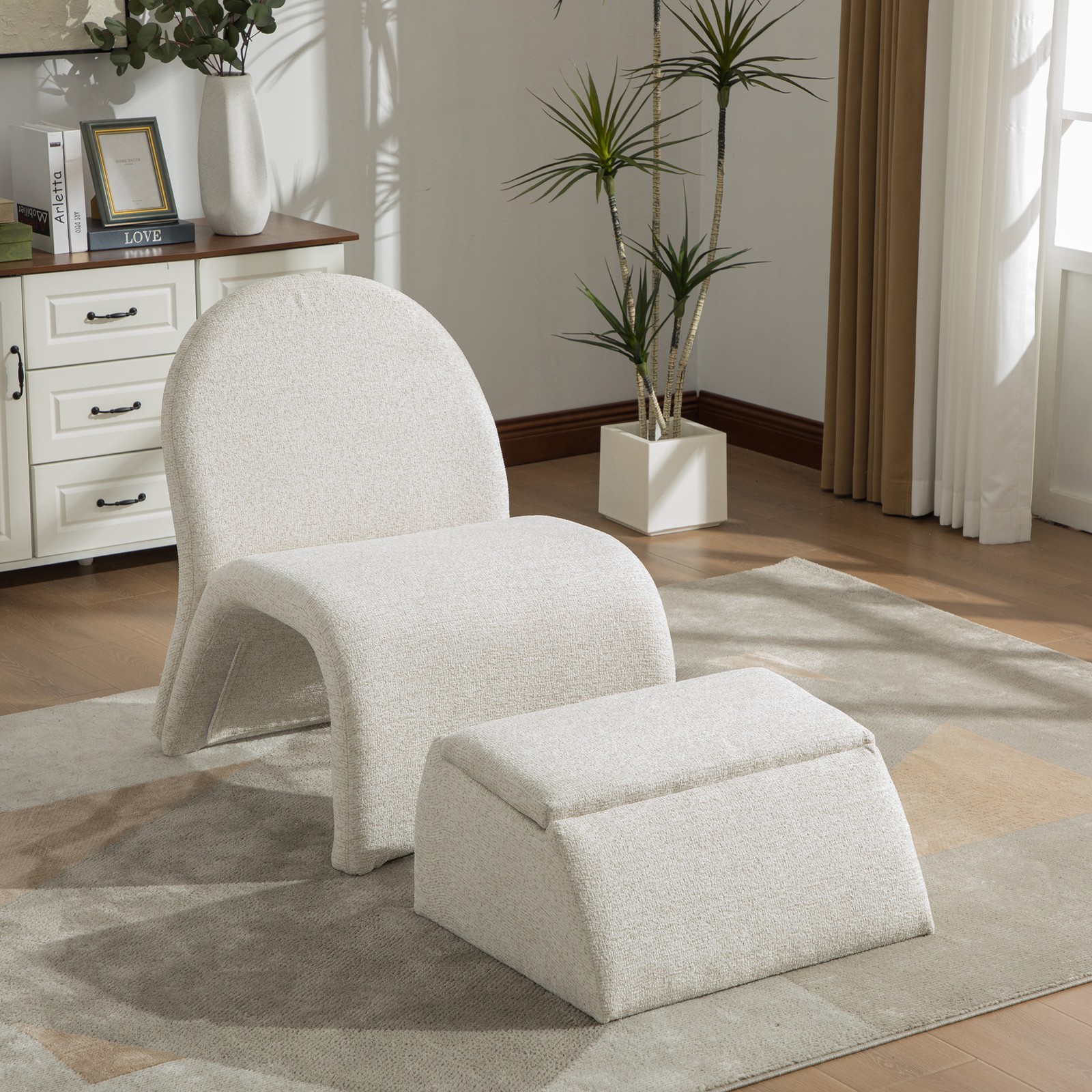24.8″ Wide Modern Upholstered Armless Accent Chair with Ottoman, Beige