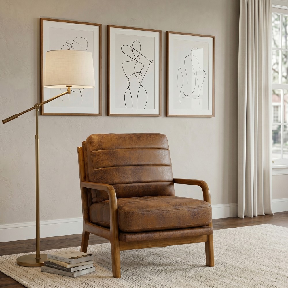 Mid-Century Modern Wood & Fabric Armchair Light Brown 32.25″W