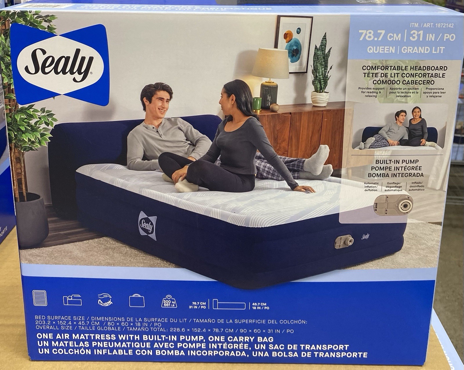 Sealy Queen Air Mattress 18” with Built-in Headboard and Built-in Pump Air Bed