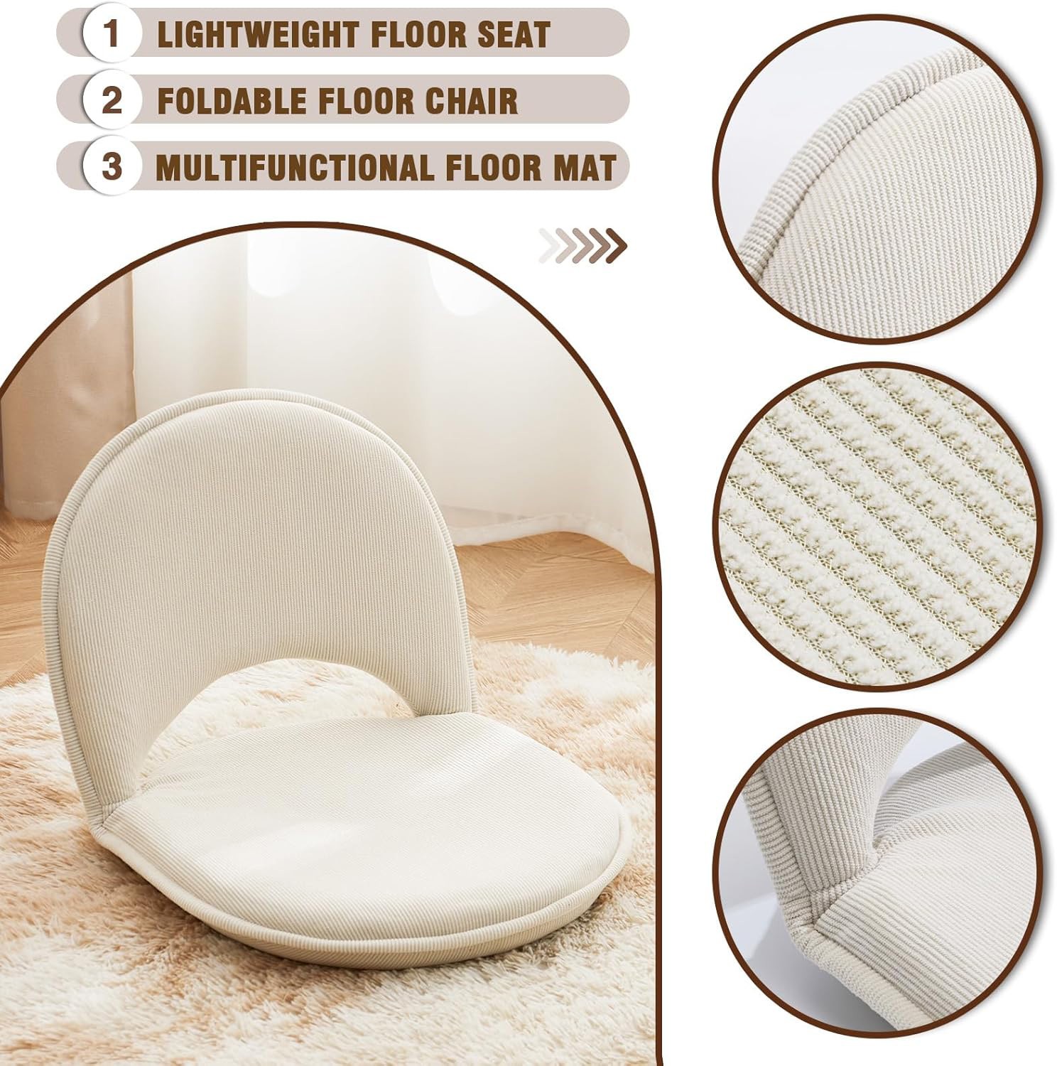 Adjustable Collapsible Floor Chair with Back Support, Removable Washable Cover
