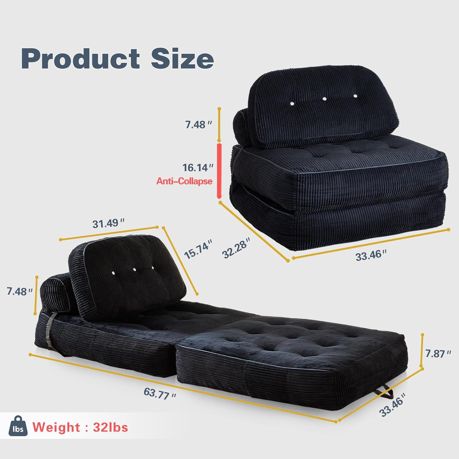 Folding Sofa Bed, Flannel Futon Couch Bed with Pillow and Blanket, Convertible S