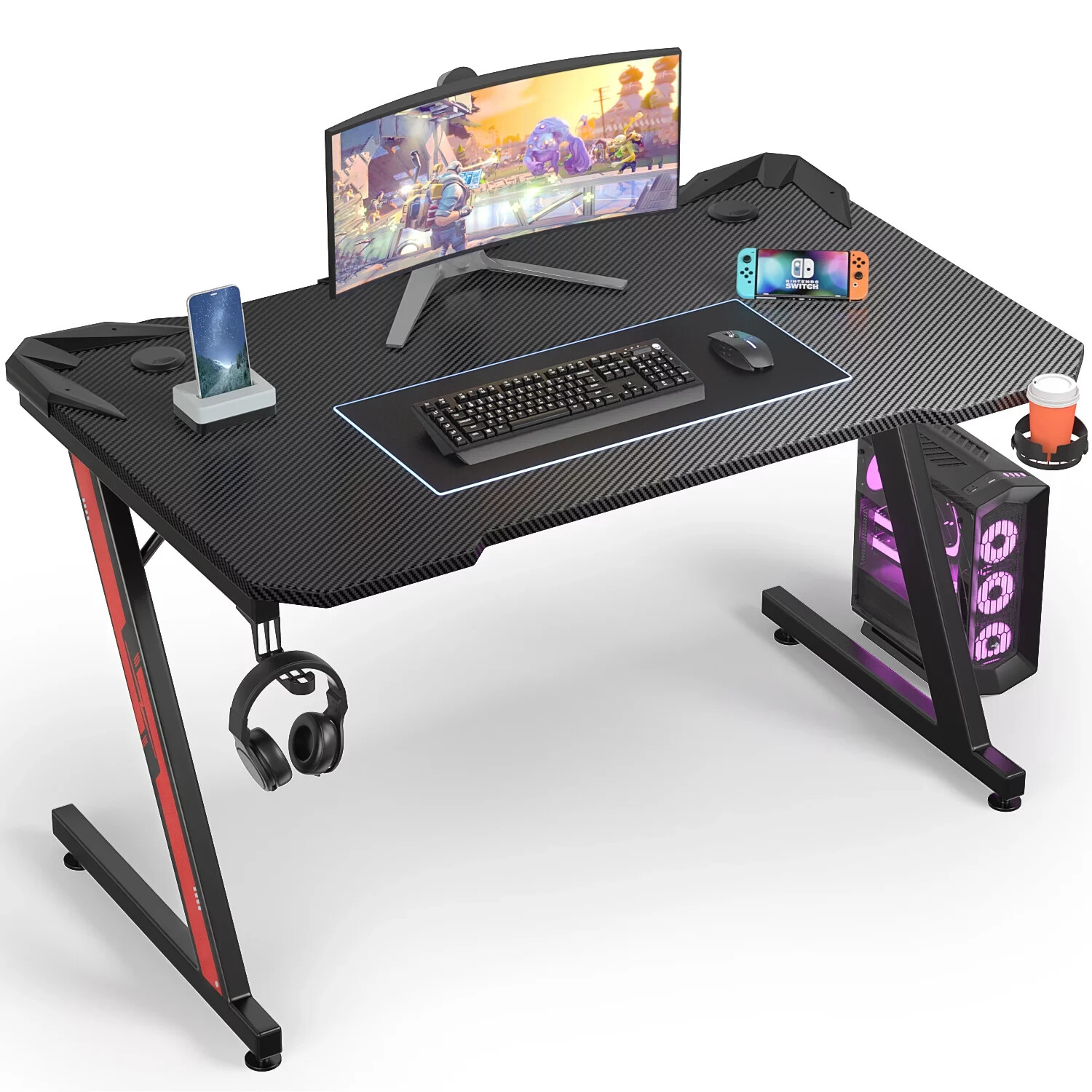 Homall 44 Inches Z-Shaped Gaming Desk Carbon Fiber Surface Desk with Cup Holder
