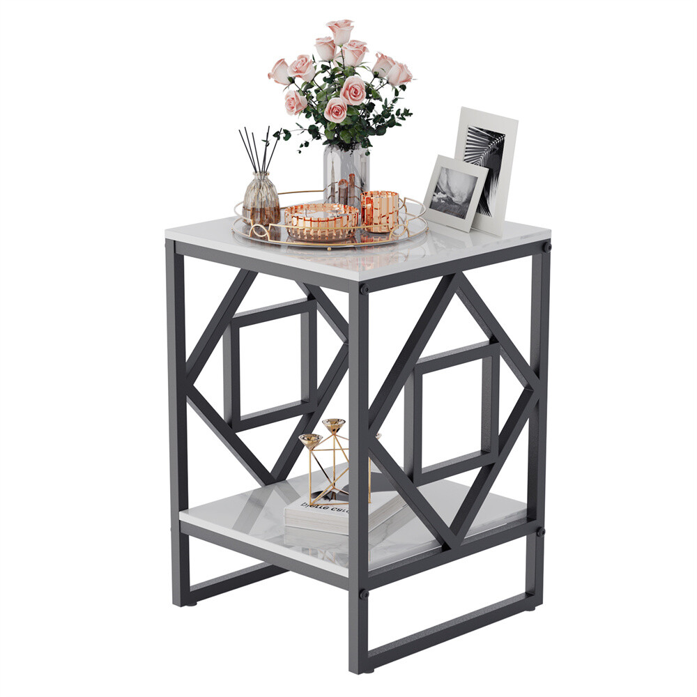 Side End Table Coffee Table High Gloss White Marble Black Leg for Small Spaces