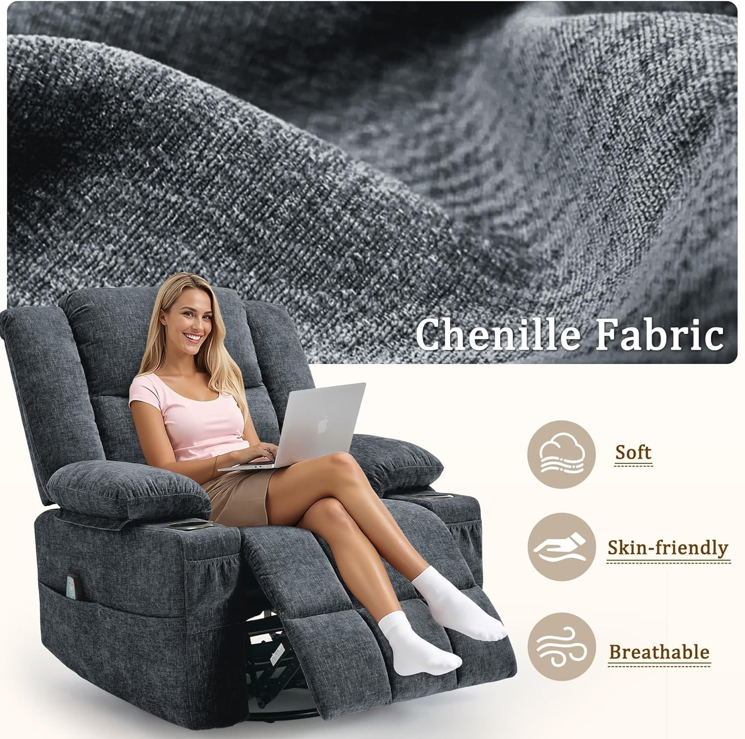 360° Swivel Rocker Recliner for Adults, Nursery Glider Recliner with Massage …