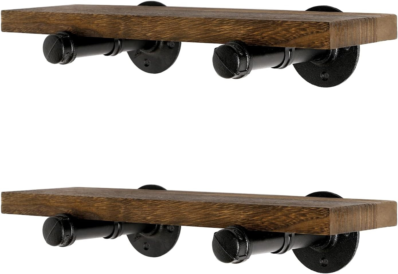 Rustic Wall Mounted Floating Shelves with Industrial Pipe Brackets – Set of 2