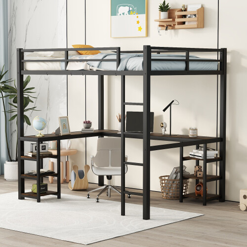 Heavy Duty Metal Loft Bed with Desk & Storage Shelves Twin/Twin XL/Full/Full XL