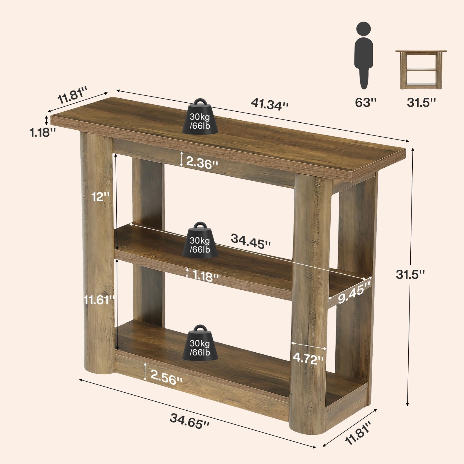 41-Inch Console Table for Entryway, with 3 Tier Storage, Brown