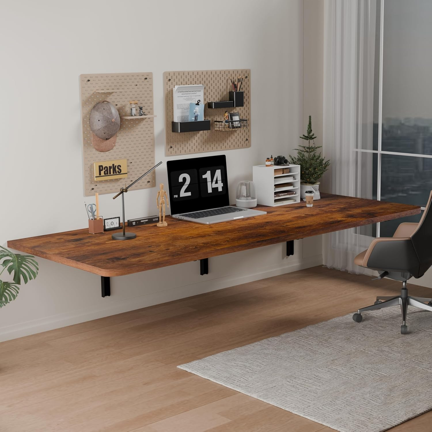 55X22In Floating Fold Desk,Wall-Mounted Folding Computer Table,Rustic | Study Ta