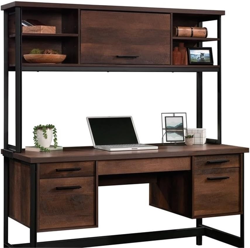 Engineered Wood & Metal Hutch Barrel Oak Finish 60 in Wide W/ Adjustable Shelves