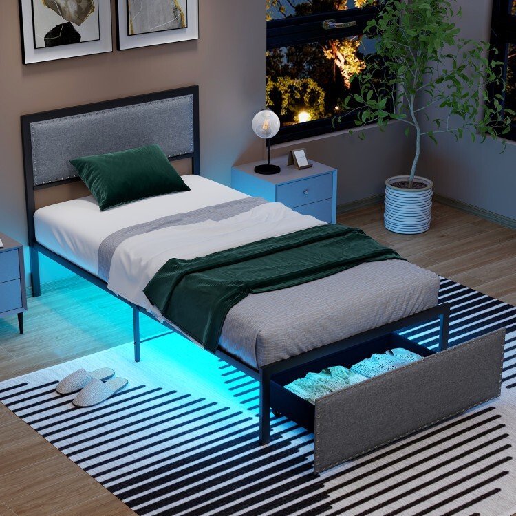 Twin Size Platform Bed Frame Headboard Upholstered w/Rolling Drawer & Metal Slat